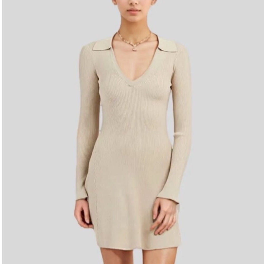 NWT DISSH Fenton Stone Ribbed Knit Long Sleeve Mini Dress Polo Small